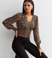 New Look Brown Leopard Print Glitter Shirred Top
